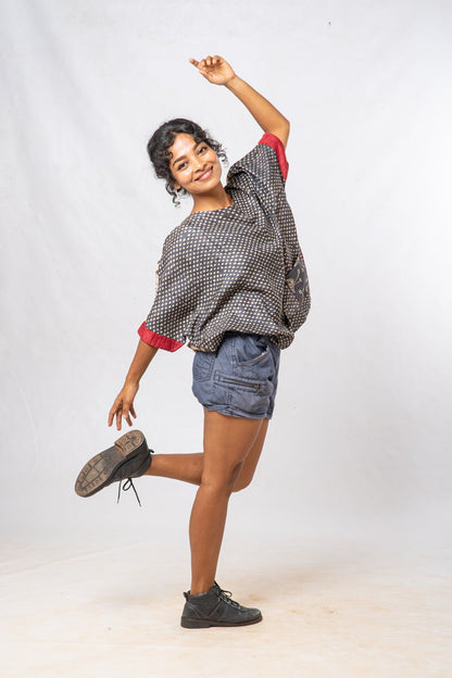 Tussar Silk Dot Patterned Boat Neck Top