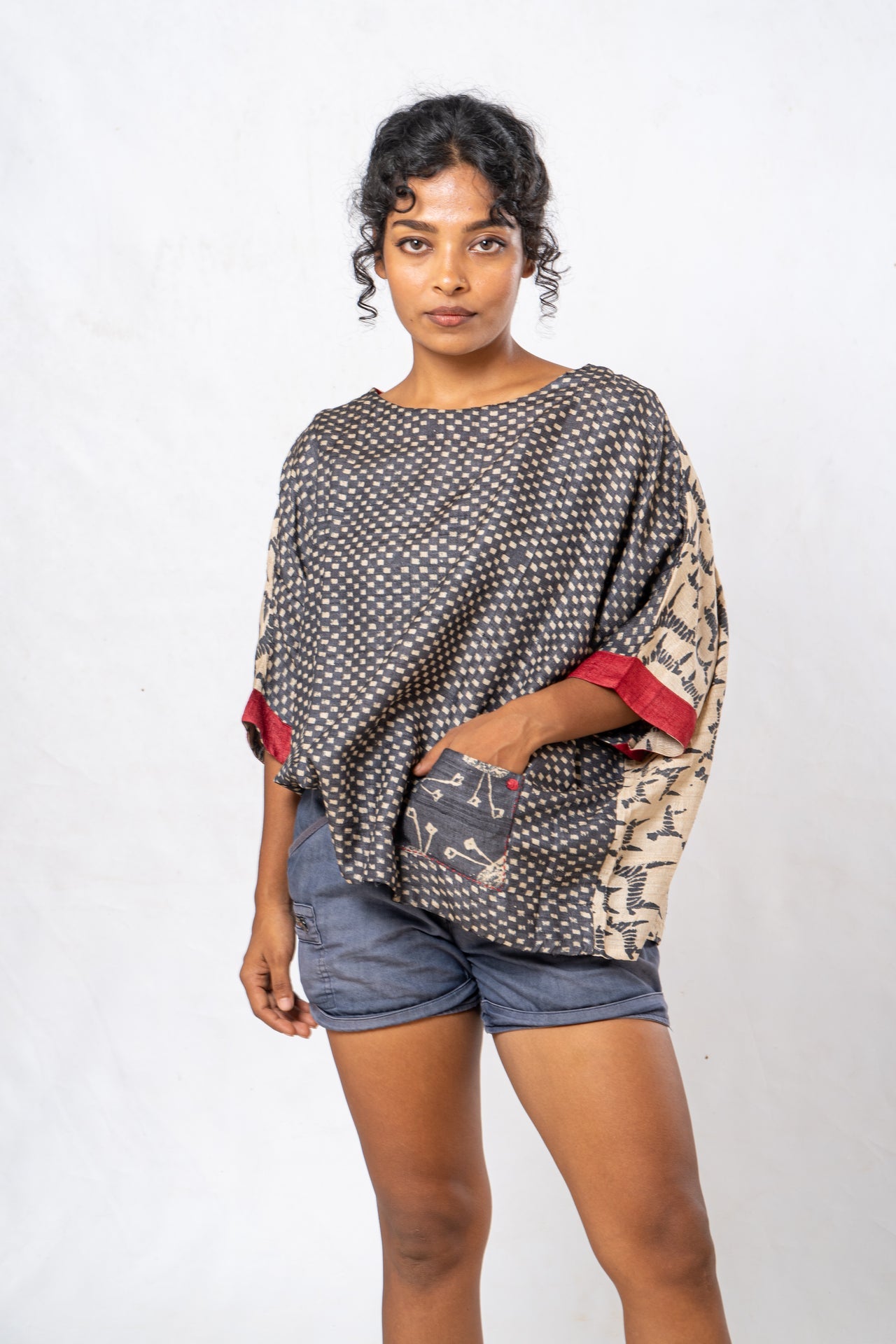 Tussar Silk Dot Patterned Boat Neck Top