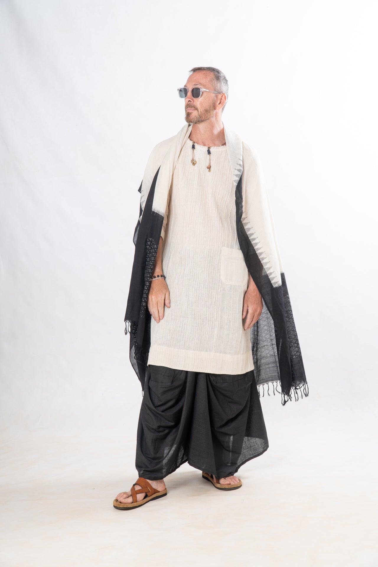 Gender-Fluid Occasion wear Set of 3- Natural Khadi & Black Linen