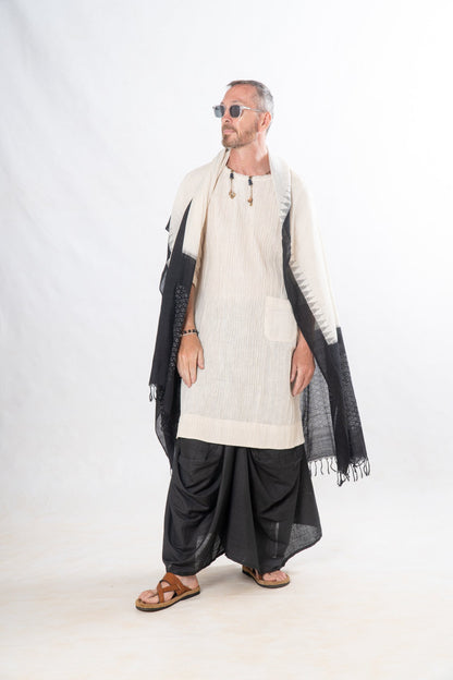 Gender-Fluid Occasion wear Set of 3- Natural Khadi & Black Linen