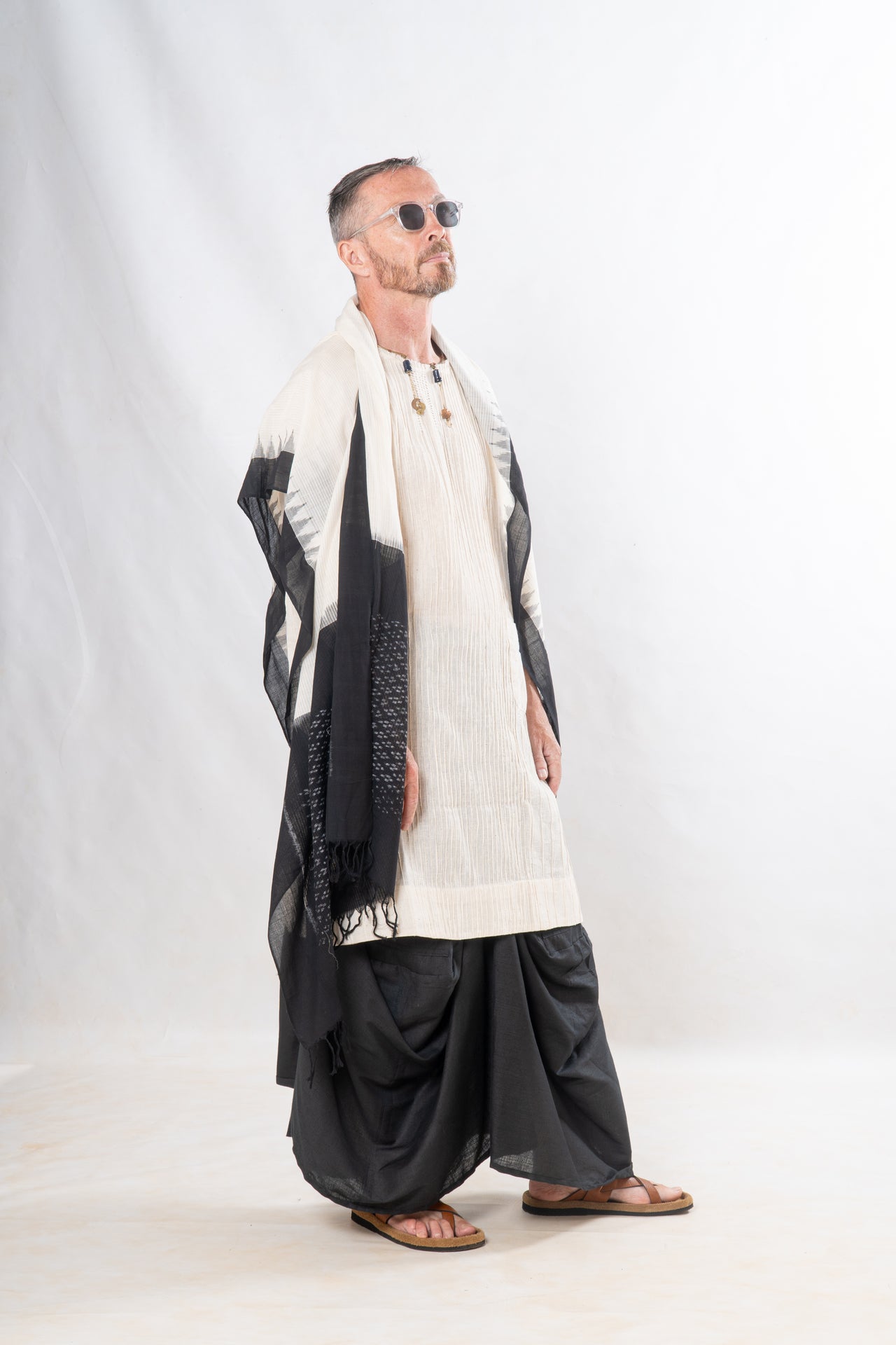Gender-Fluid Occasion wear Set of 3- Natural Khadi & Black Linen