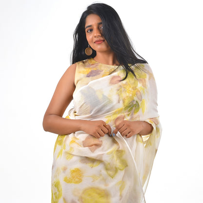 White Botanical Hand-Dyed Saree