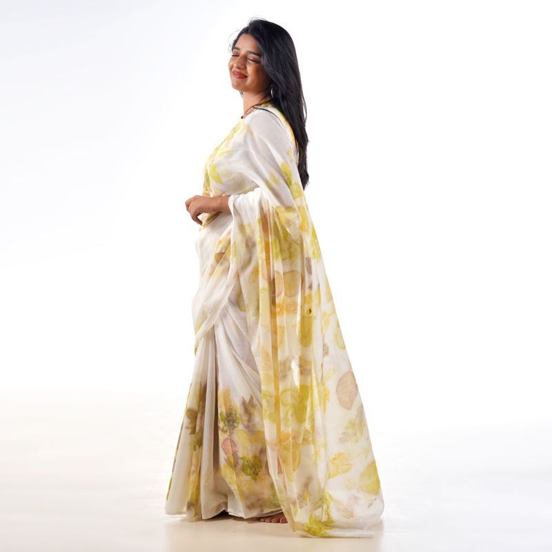 White Botanical Hand-Dyed Saree