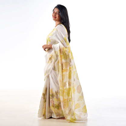 White Botanical Hand-Dyed Saree