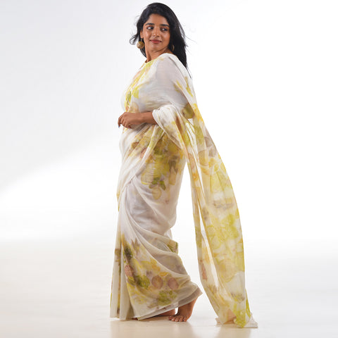 White Botanical Hand-Dyed Saree