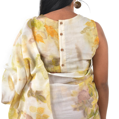 White Botanical Hand-Dyed Saree