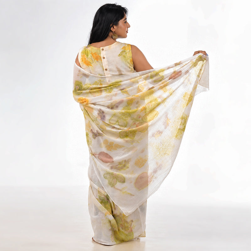 White Botanical Hand-Dyed Saree