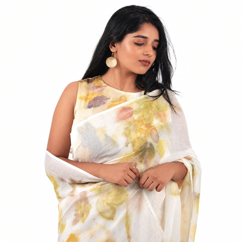 White Botanical Hand-Dyed Saree