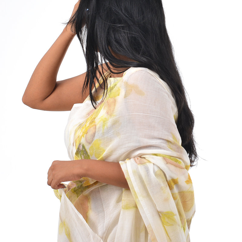 White Botanical Hand-Dyed Saree