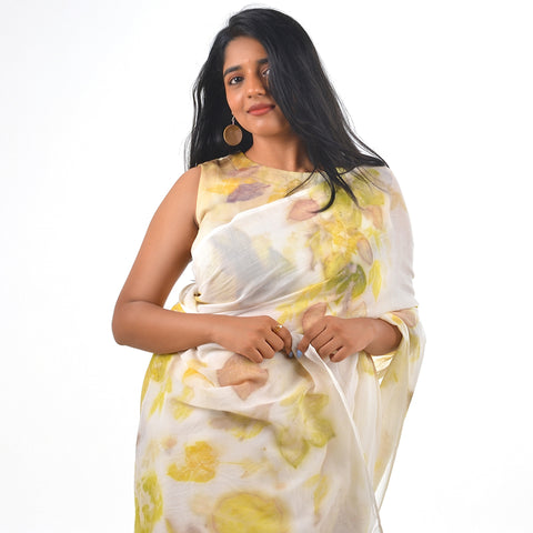 White Botanical Hand-Dyed Saree