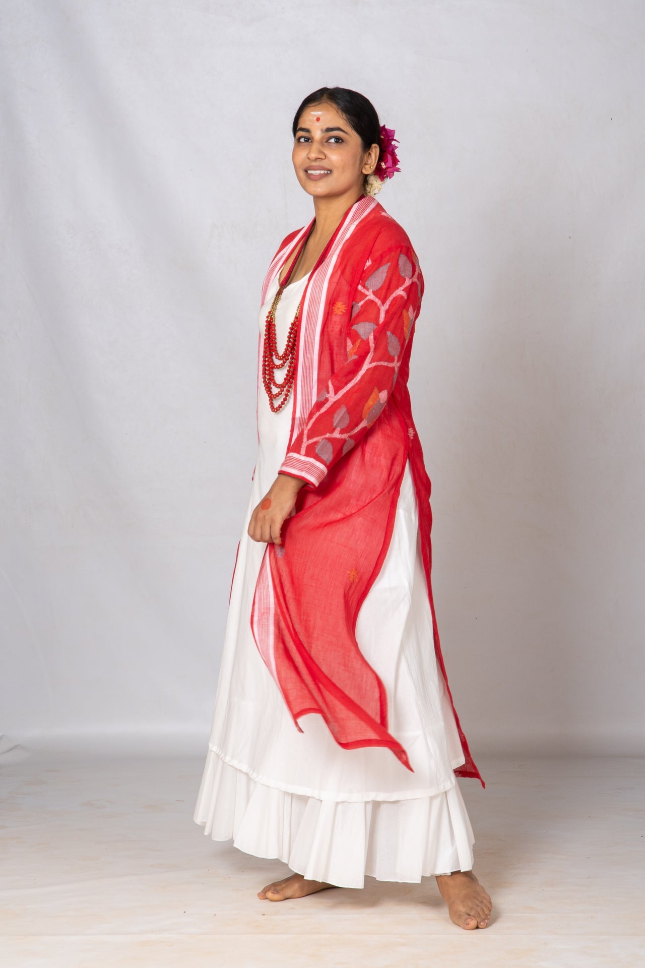 Set of 2-White Organic cotton Dress & Red Jamdani Jacket