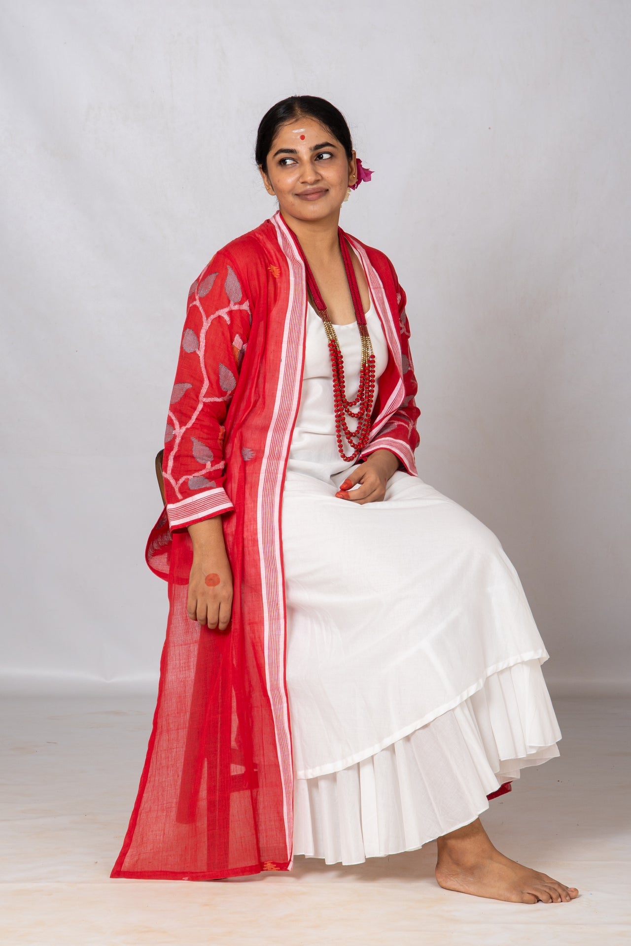 Set of 2-White Organic cotton Dress & Red Jamdani Jacket