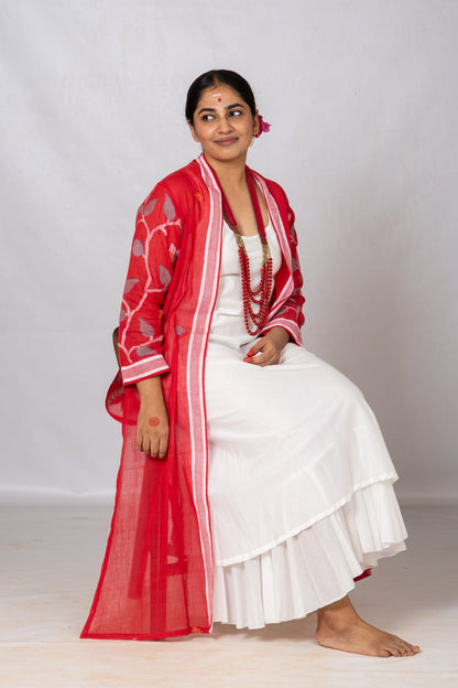 Set of 2-White Organic cotton Dress & Red Jamdani Jacket