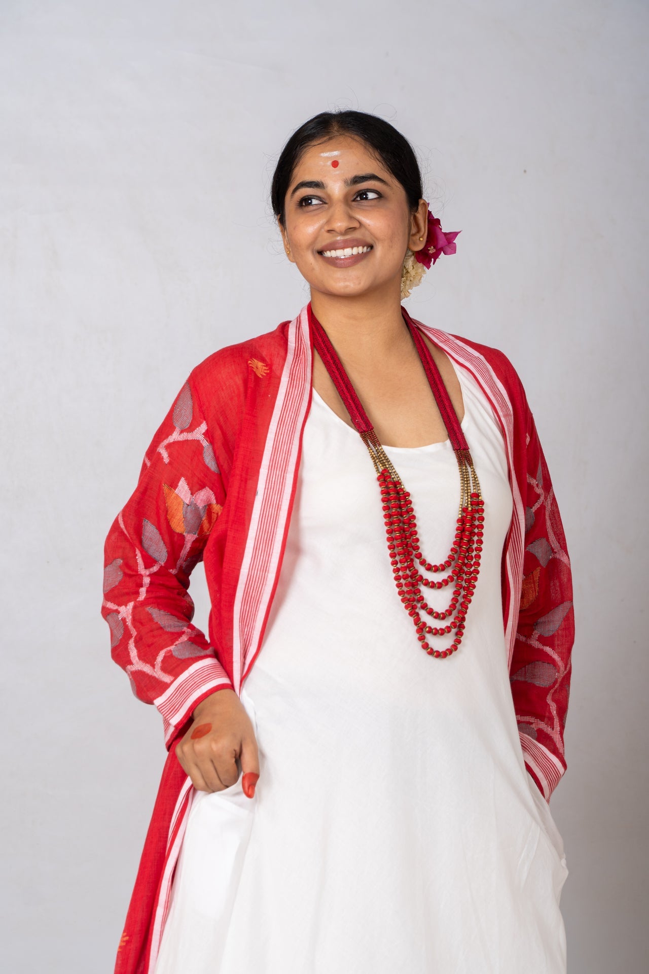 Set of 2-White Organic cotton Dress & Red Jamdani Jacket