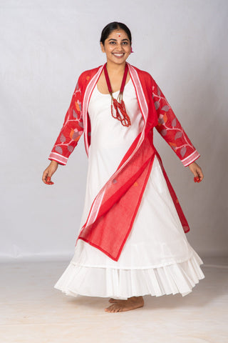 Set of 2-White Organic cotton Dress & Red Jamdani Jacket