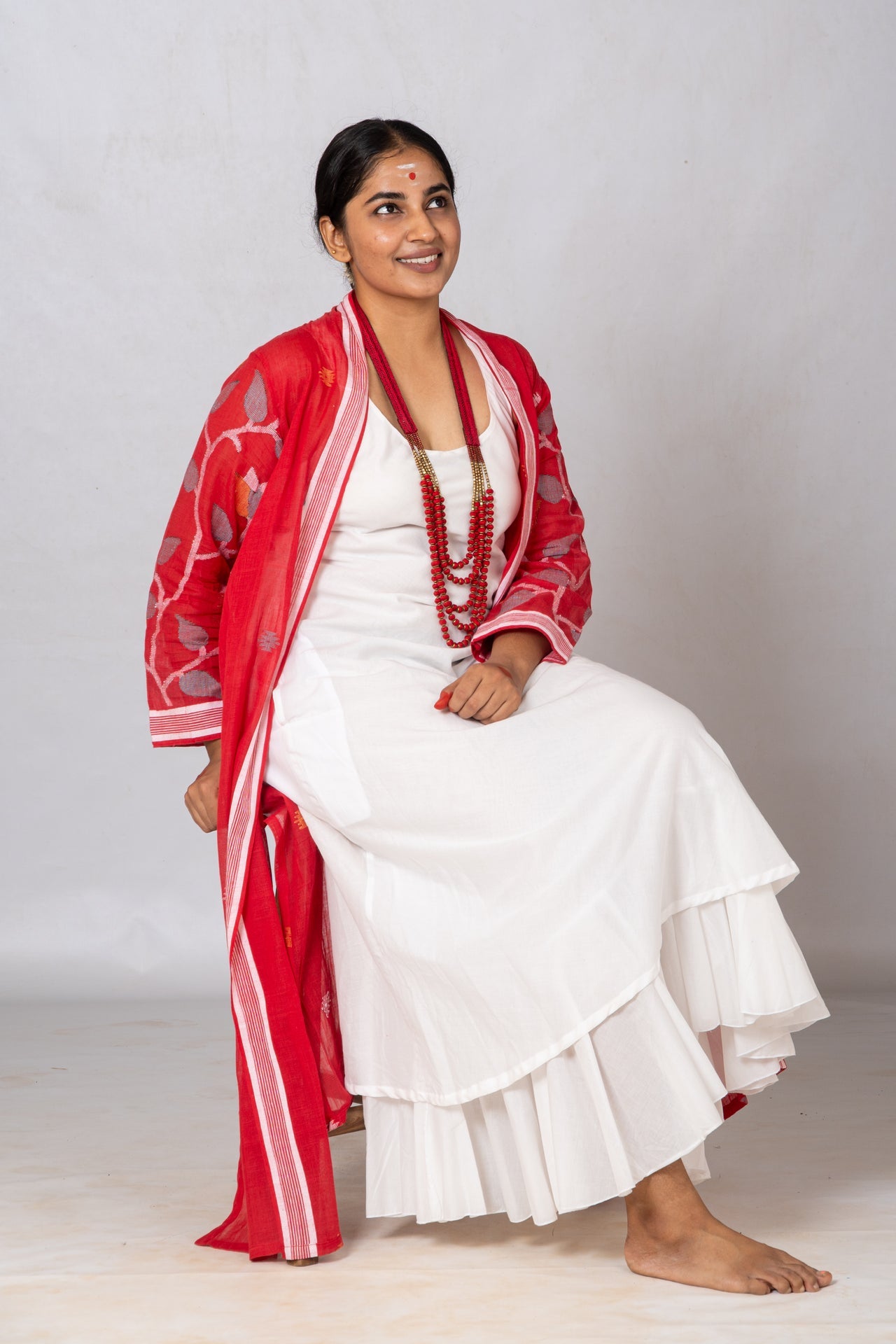 Set of 2-White Organic cotton Dress & Red Jamdani Jacket