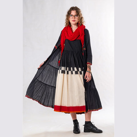 Set of 3: Black Red Ikkat Jacket Dress Set