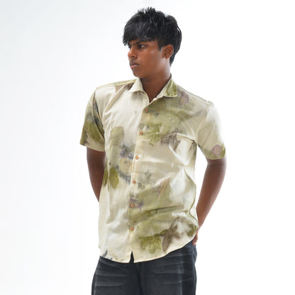 Botanical Printed Cotton Shirt – White with Olive, Mustard, Grey and Beige Tones
