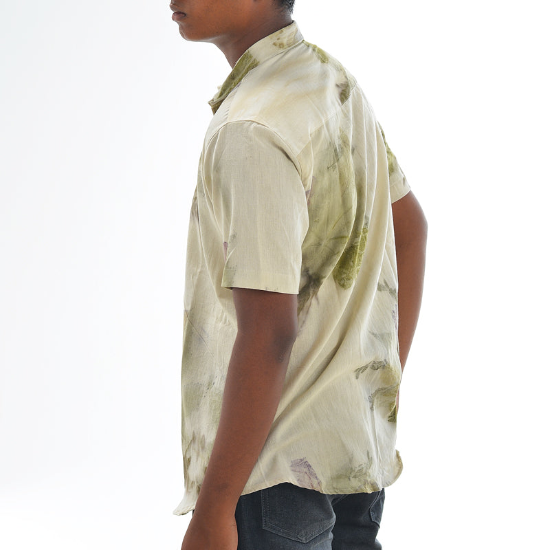 Botanical Printed Cotton Shirt – White with Olive, Mustard, Grey and Beige Tones