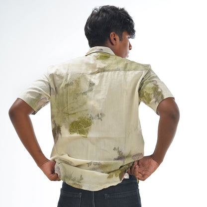 Botanical Printed Cotton Shirt – White with Olive, Mustard, Grey and Beige Tones