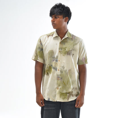 Botanical Printed Cotton Shirt – White with Olive, Mustard, Grey and Beige Tones