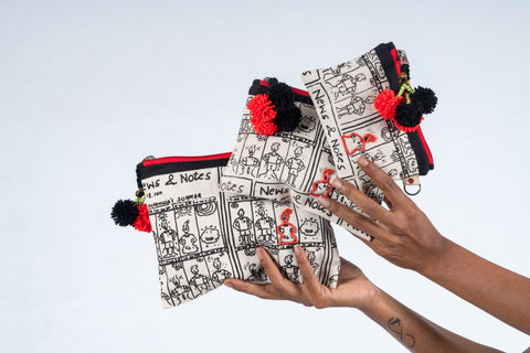 Hand-embroidered Organic Cotton Doodle Pouch- NUOVA