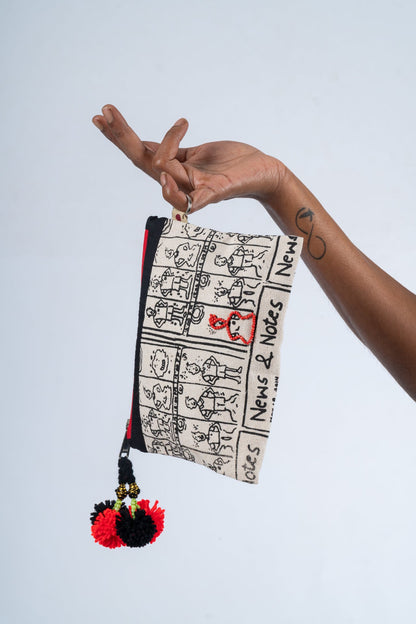 Hand-embroidered Organic Cotton Doodle Pouch- NUOVA