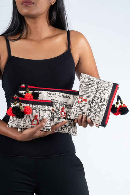 Hand-embroidered Organic Cotton Doodle Pouch- NUOVA