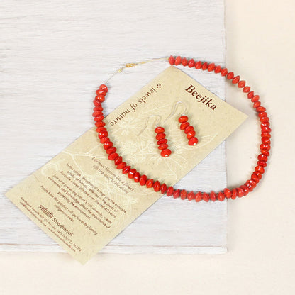 Seed Necklace with Earrings - Single Layer Red Seeds