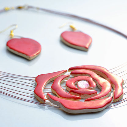 Rose Ceramic Necklace and Earrings Set (Red Glaze)