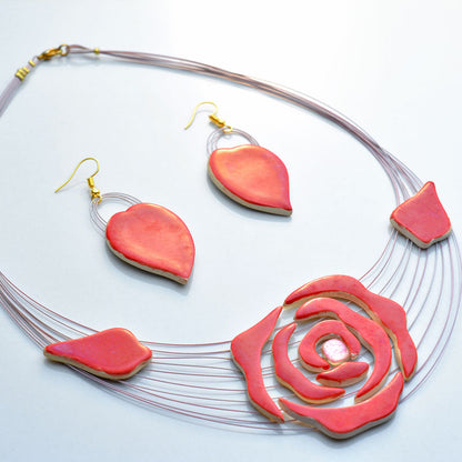 Rose Ceramic Necklace and Earrings Set (Red Glaze)
