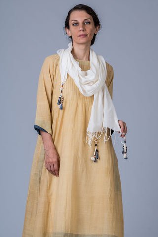 Set of 3- Yellow Medicinal Neem Dyed Hand Spun Cotton Pintuck Dress, Pant & Scarf