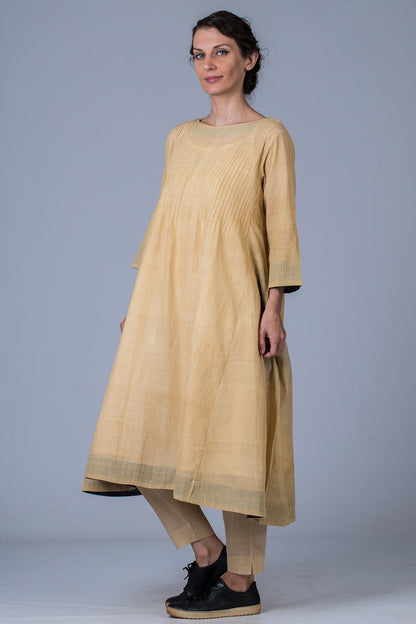 Set of 3- Yellow Medicinal Neem Dyed Hand Spun Cotton Pintuck Dress, Pant & Scarf