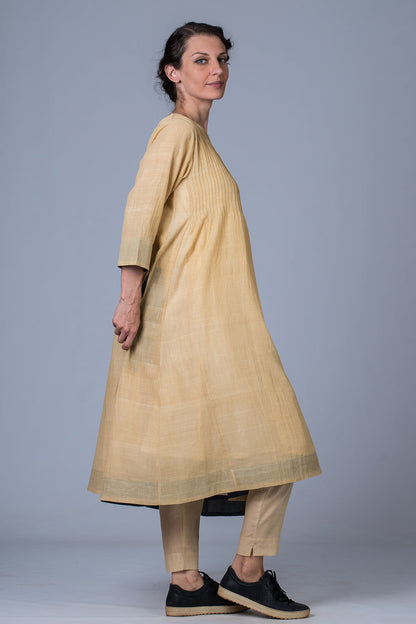 Set of 3- Yellow Medicinal Neem Dyed Hand Spun Cotton Pintuck Dress, Pant & Scarf