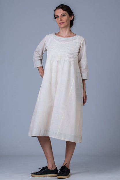 Set of 3- Off White Hand Spun Cotton Pintuck Dress, Pant & Scarf