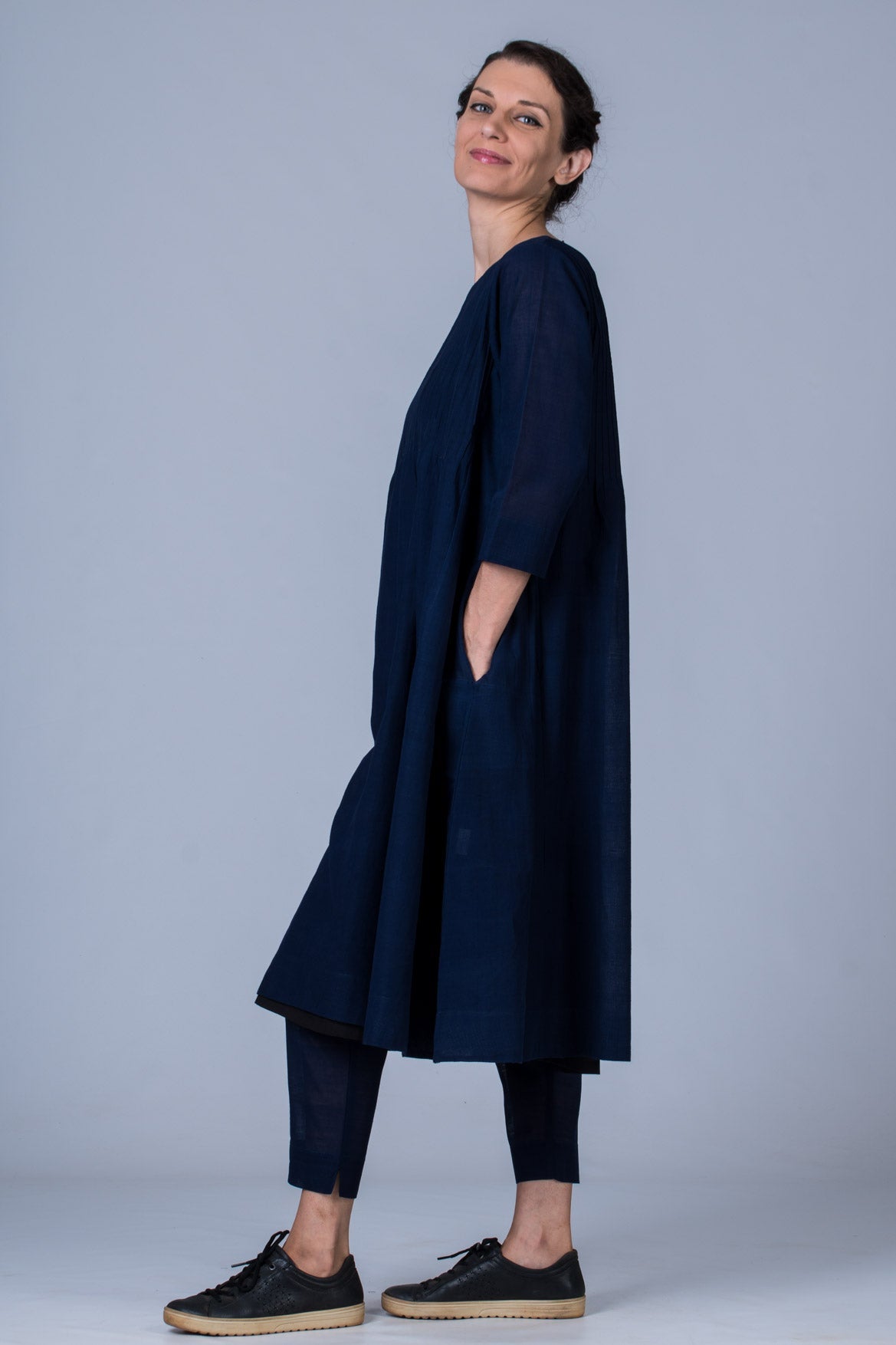 Set of 3- Navy Hand Spun Cotton Pintuck Dress, Pant & Scarf