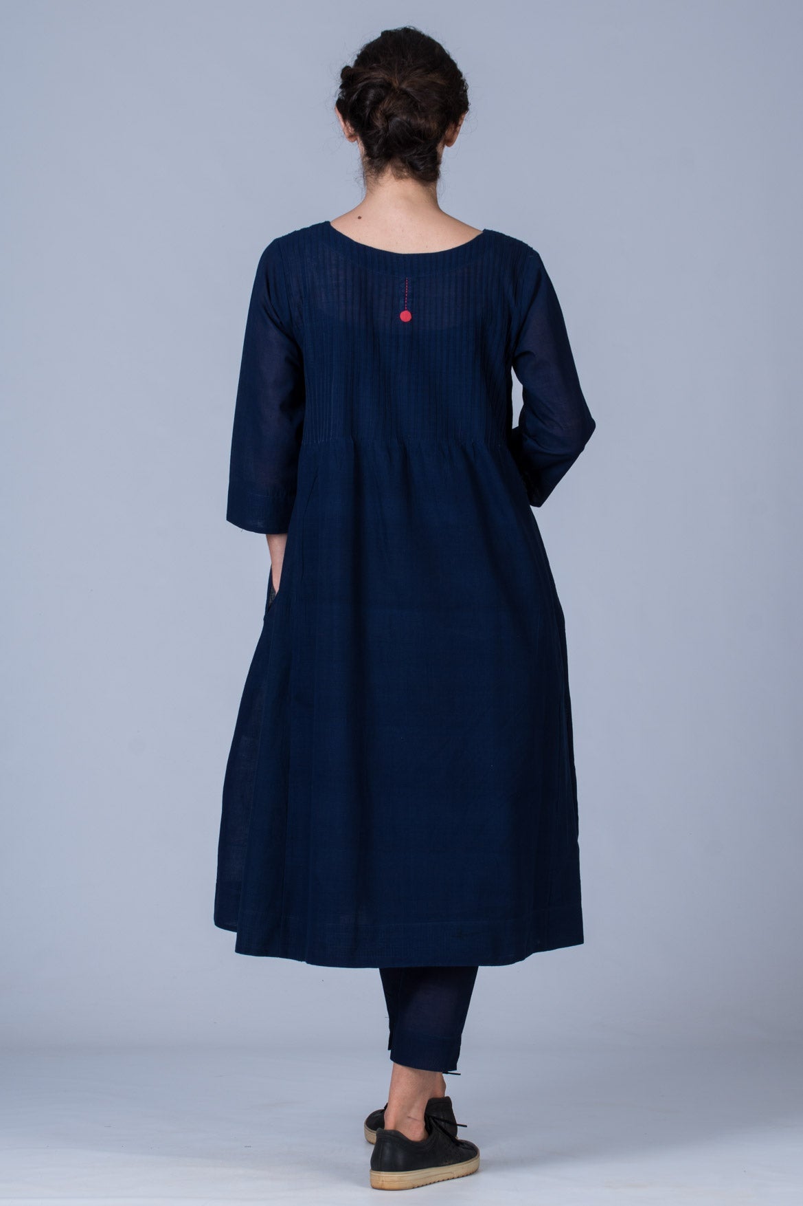 Set of 3- Navy Hand Spun Cotton Pintuck Dress, Pant & Scarf