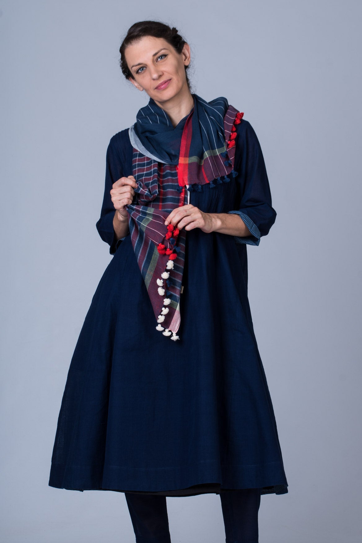 Set of 3- Navy Hand Spun Cotton Pintuck Dress, Pant & Scarf