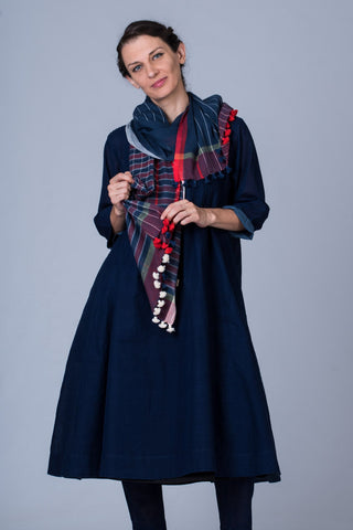 Set of 3- Navy Hand Spun Cotton Pintuck Dress, Pant & Scarf