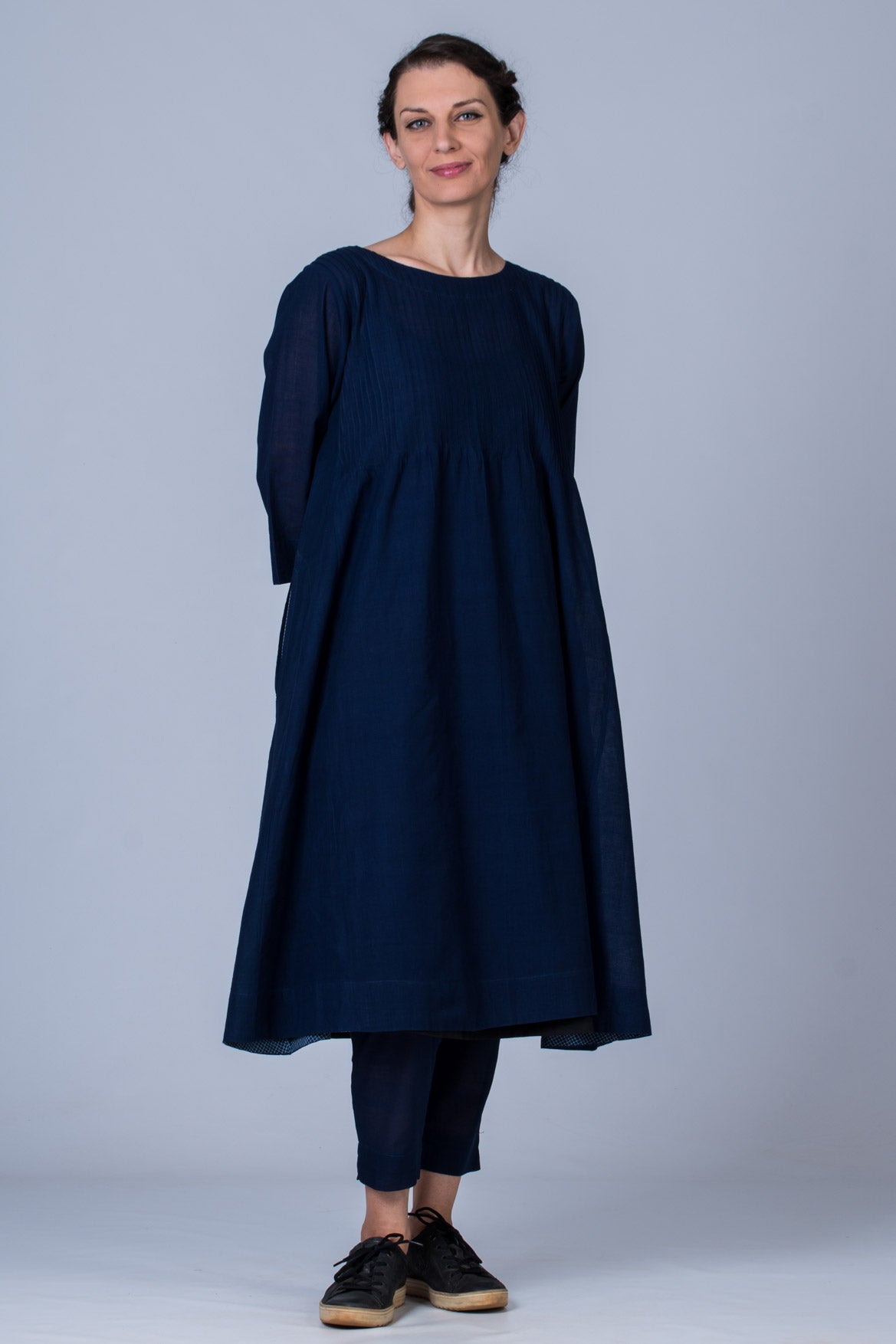 Set of 3- Navy Hand Spun Cotton Pintuck Dress, Pant & Scarf