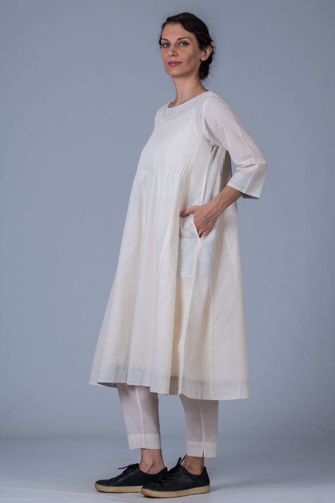 Set of 3- Off White Hand Spun Cotton Pintuck Dress, Pant & Scarf
