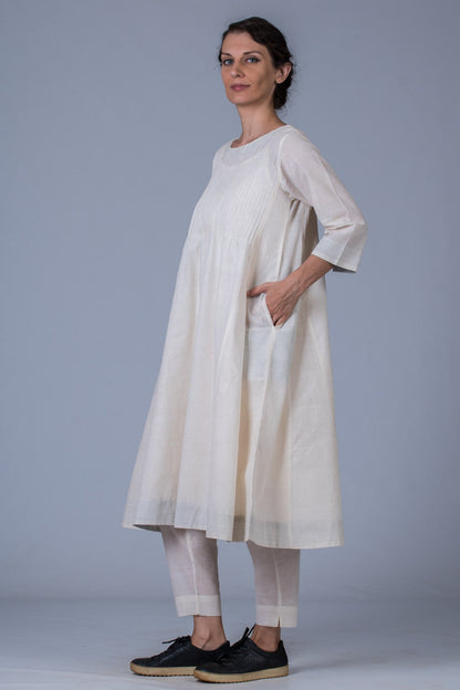 Set of 3- Off White Hand Spun Cotton Pintuck Dress, Pant & Scarf