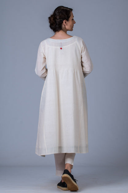 Set of 3- Off White Hand Spun Cotton Pintuck Dress, Pant & Scarf