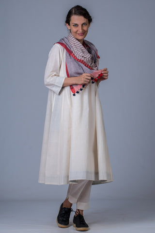 Set of 3- Off White Hand Spun Cotton Pintuck Dress, Pant & Scarf
