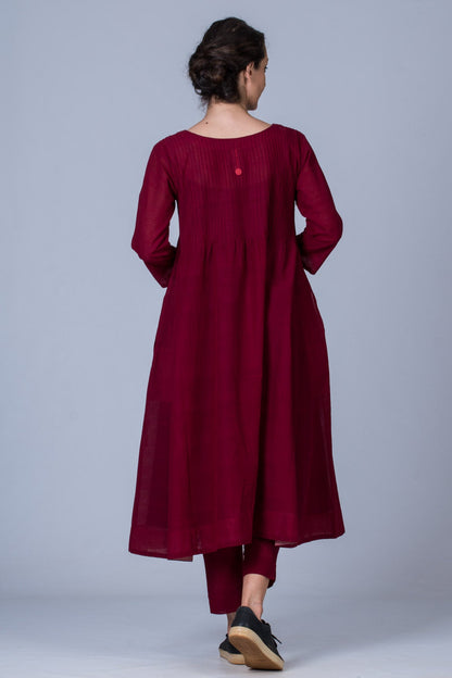 Set of 3- Maroon Hand Spun Cotton Pintuck Dress, Pants & Scarf