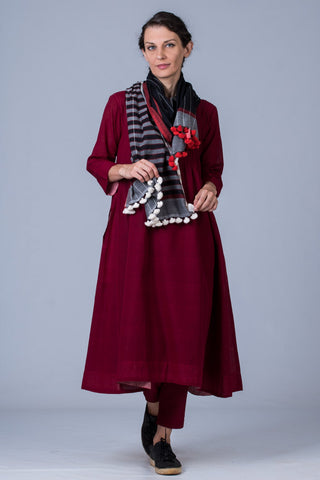 Set of 3- Maroon Hand Spun Cotton Pintuck Dress, Pants & Scarf