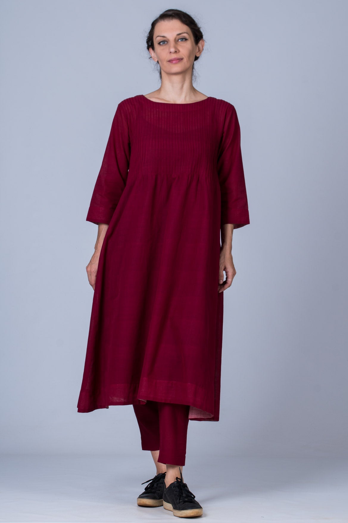 Set of 3- Maroon Hand Spun Cotton Pintuck Dress, Pants & Scarf