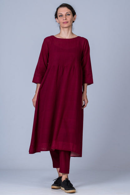 Set of 3- Maroon Hand Spun Cotton Pintuck Dress, Pants & Scarf