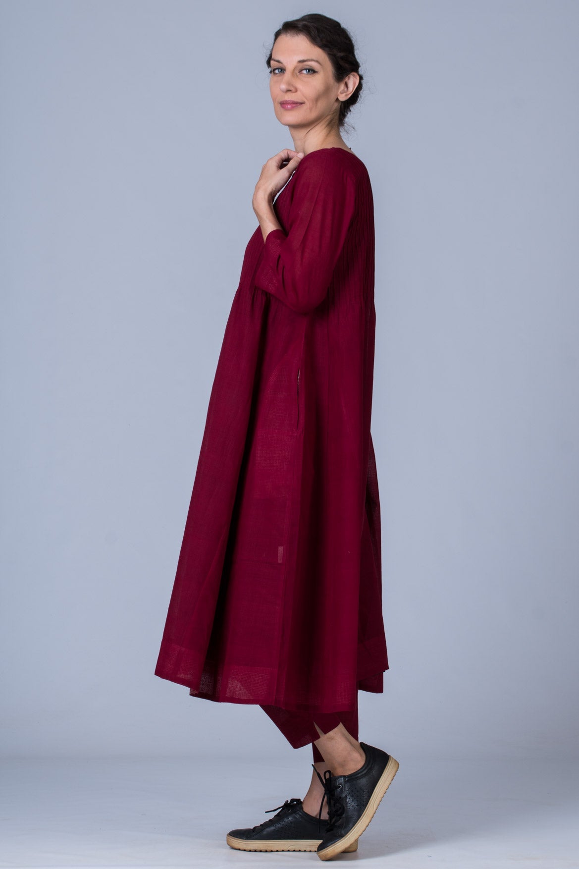 Set of 3- Maroon Hand Spun Cotton Pintuck Dress, Pants & Scarf
