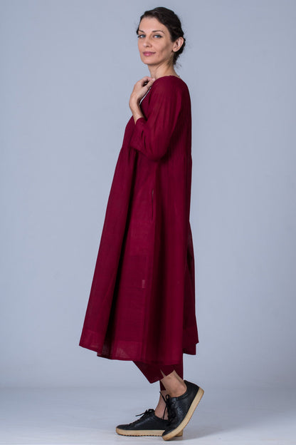 Set of 3- Maroon Hand Spun Cotton Pintuck Dress, Pants & Scarf